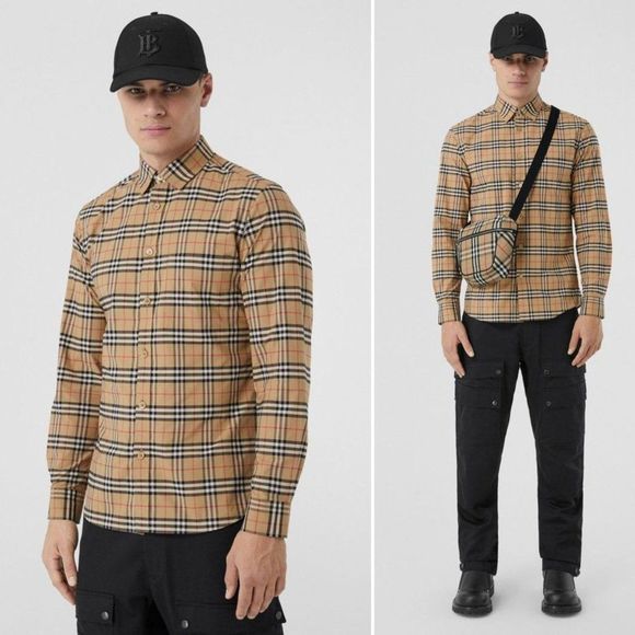 Burberry Other - BURBERRY Men's Beige Check Simpson Plaid Button-Down Dress Shirt Size S